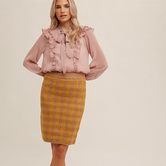 HEM & THREAD Mustard & Taupe Plaid Knit Pencil Skirt, Cozy Checkered Boutique - Picture 2 of 5